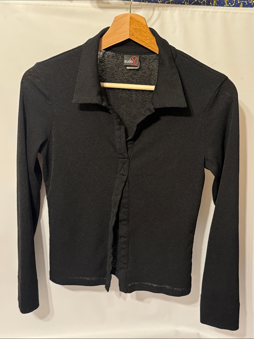 Y2k Studio Y Black Long Sleeve Collared Button-Front Top